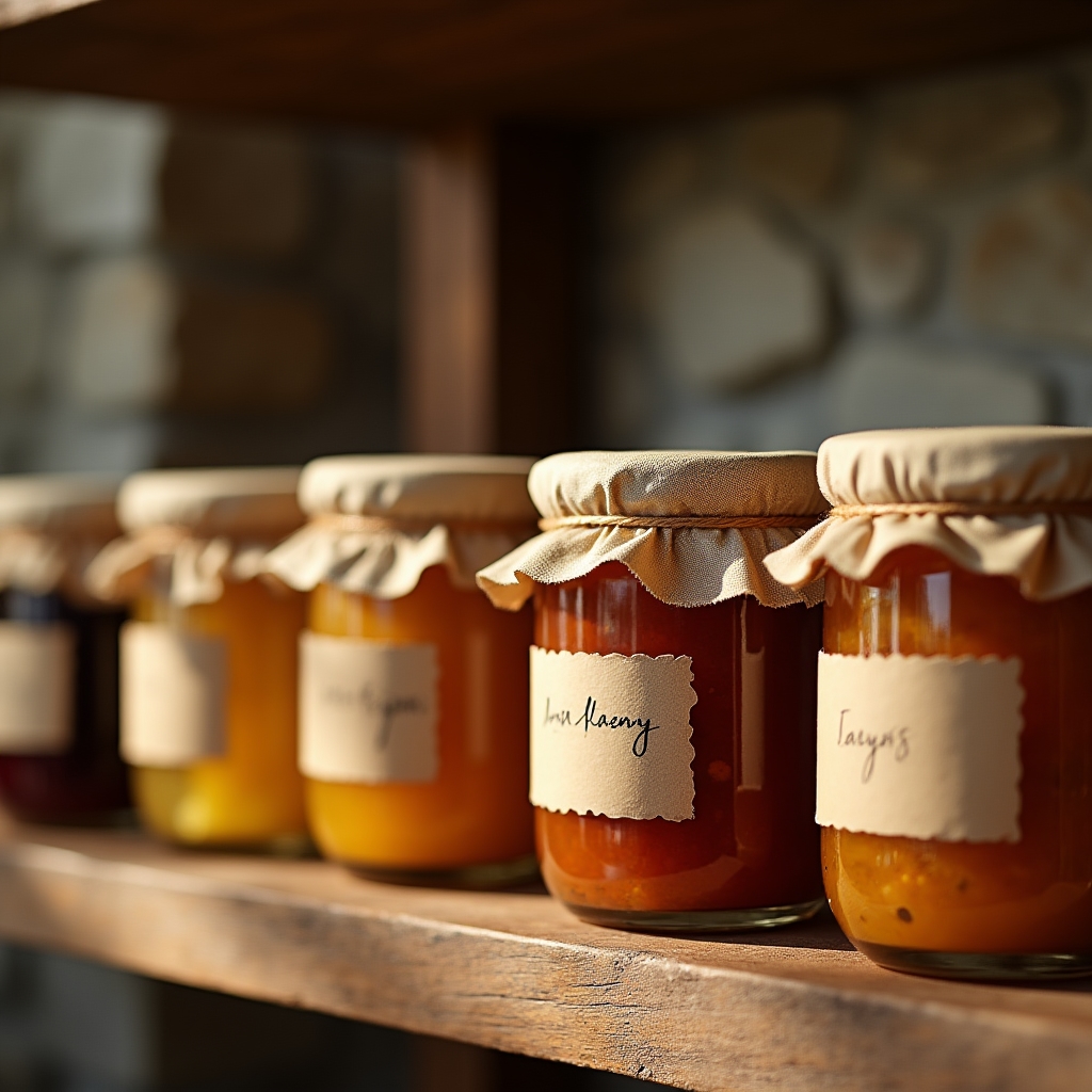 Barattoli di marmellata artigianale allineati su una mensola di dispensa