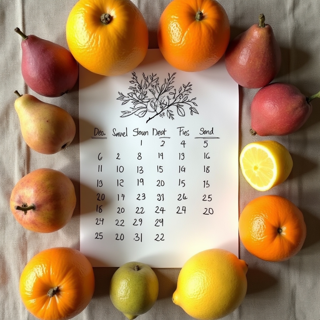 Composizione di frutta siciliana di stagione disposta su un tavolo con un calendario disegnato a mano