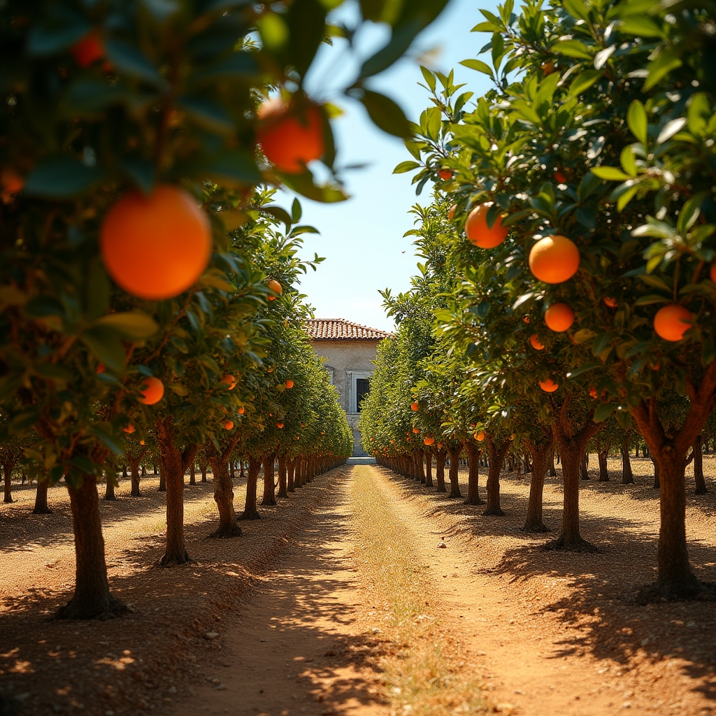 Alberi di agrumi in un giardino siciliano con frutti maturi tra le foglie