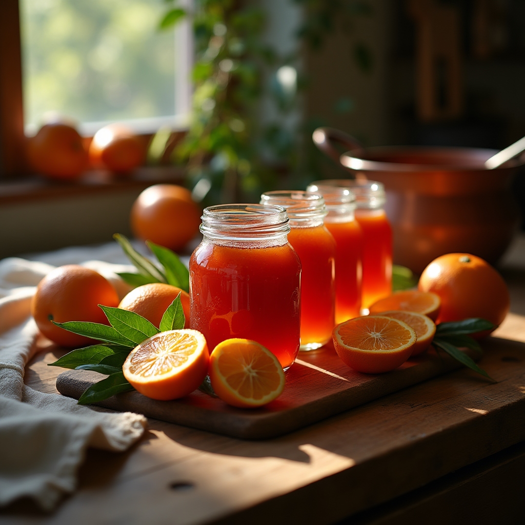 Vasetti di marmellata artigianale siciliana disposti su un tavolo di legno con arance fresche accanto