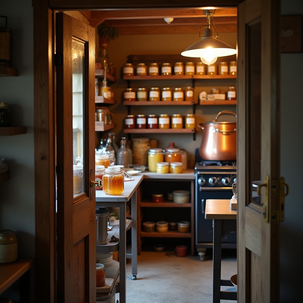 Interno di un piccolo laboratorio artigianale con vasetti di marmellata pronti per l'etichettatura