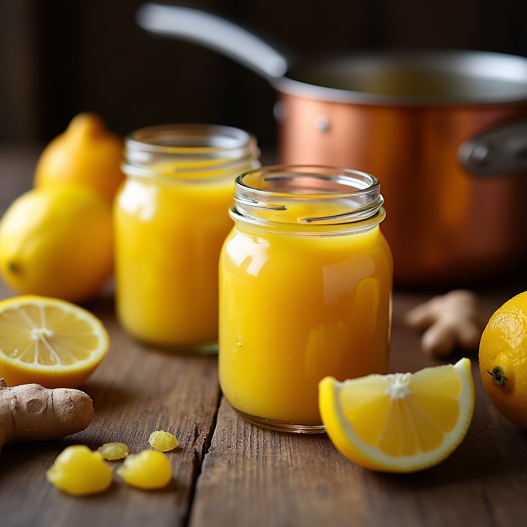Vasetti di composta di limoni e zenzero accanto a limoni freschi e radice di zenzero