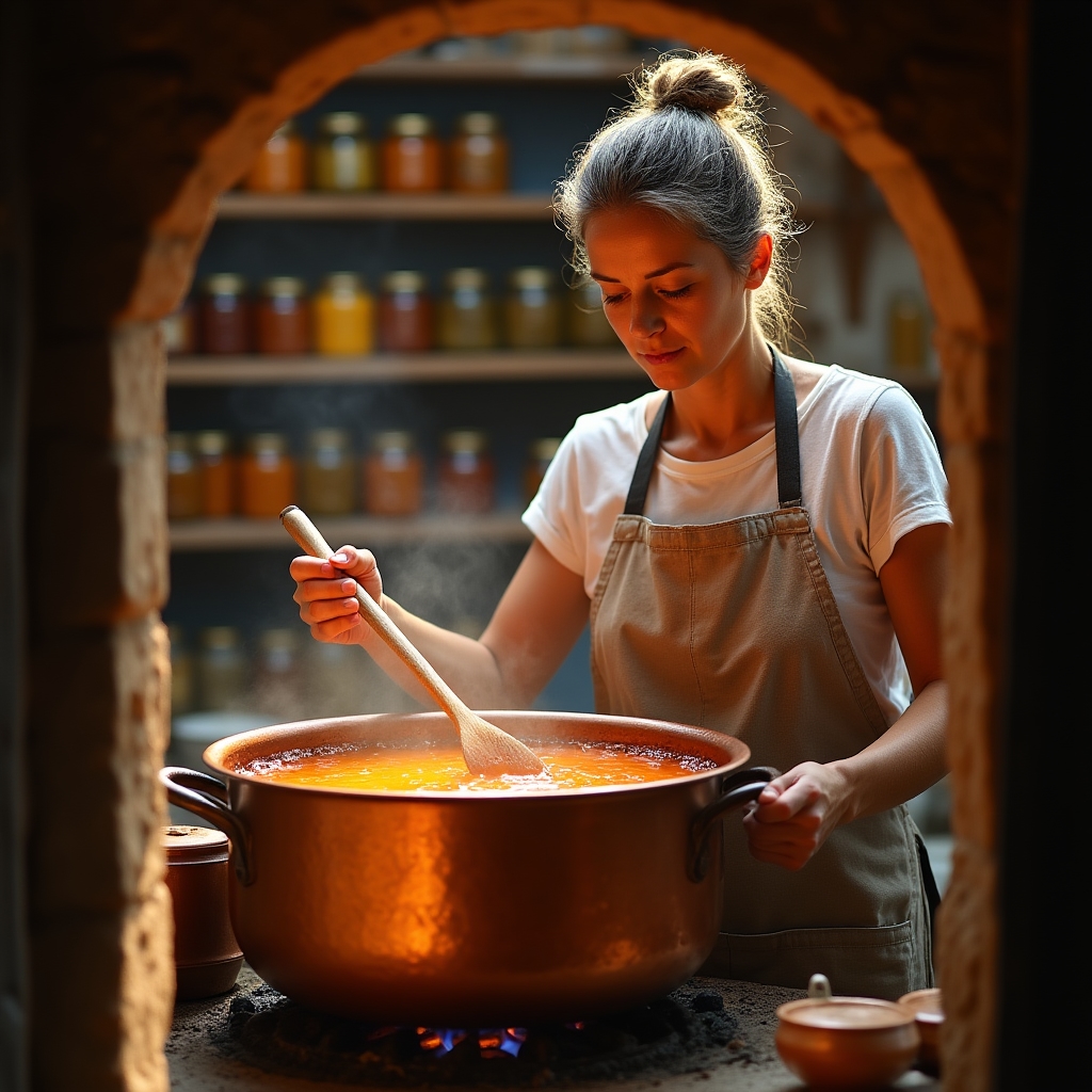 Pentola di rame con marmellata in cottura su fuoco basso in un piccolo laboratorio artigianale
